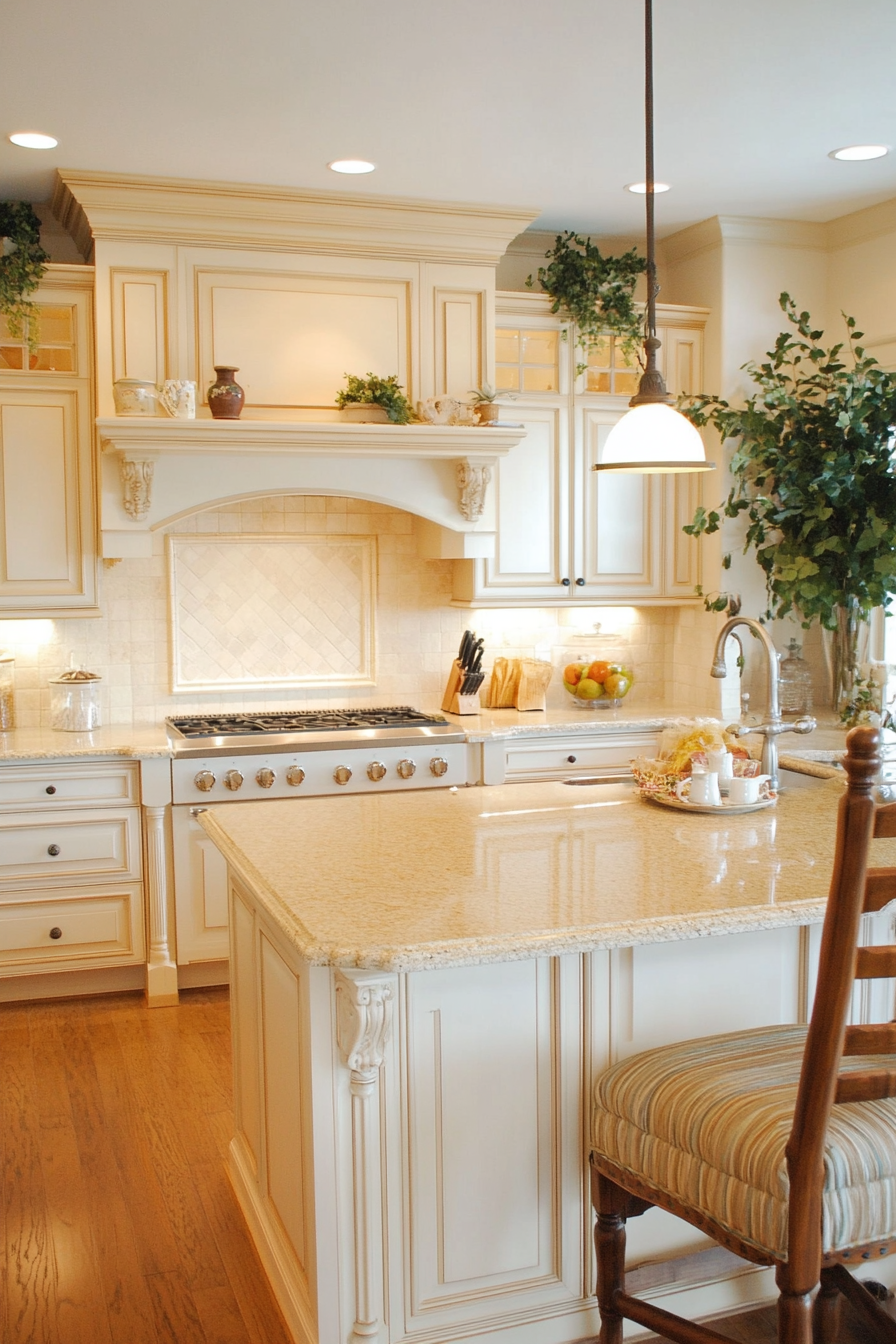 19. Warm White with Golden Highlights (White Countertop Kitchen Ideas) - White Countertop Kitchen Ideas