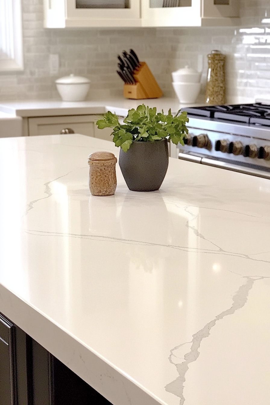 20. Chalk White with Soft Veining (White Countertop Kitchen Ideas) - White Countertop Kitchen Ideas