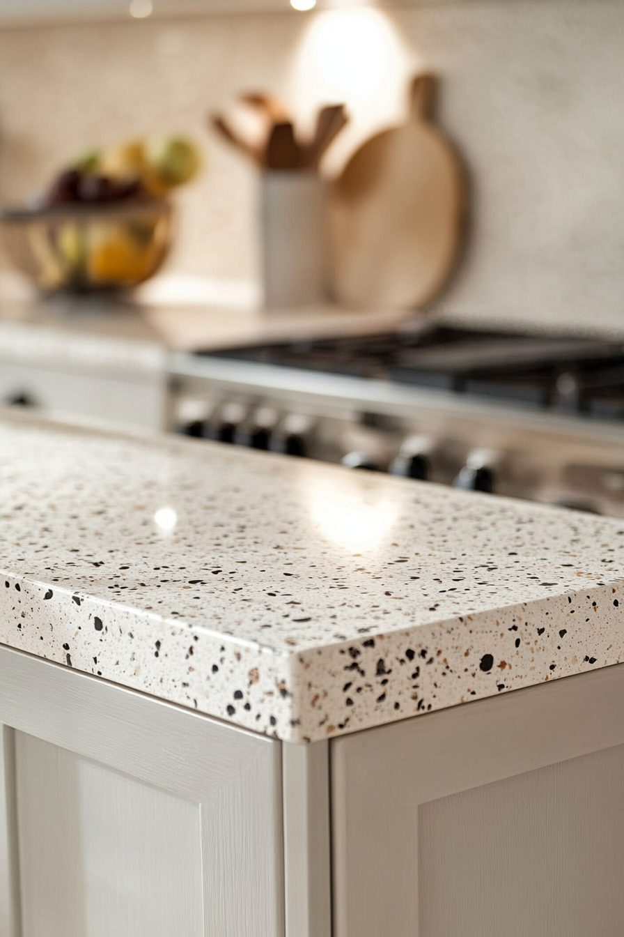 21. Off-White with Dark Speckles (White Countertop Kitchen Ideas) - White Countertop Kitchen Ideas