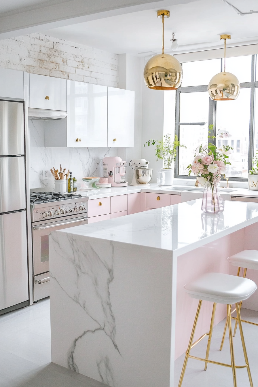 22. White with Glossy Pink Tint (White Countertop Kitchen Ideas) - White Countertop Kitchen Ideas