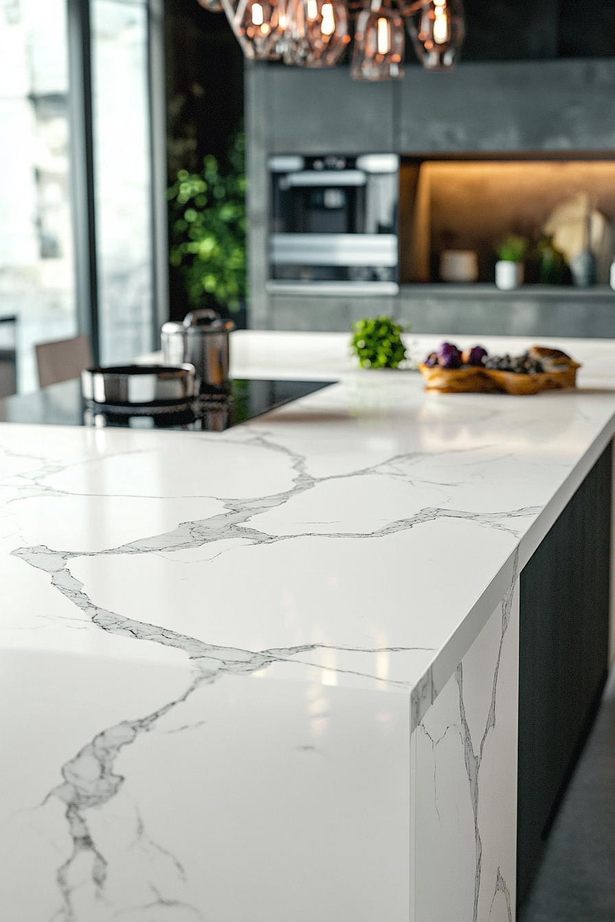 23. White with Marble-Like Texture (White Countertop Kitchen Ideas) - White Countertop Kitchen Ideas