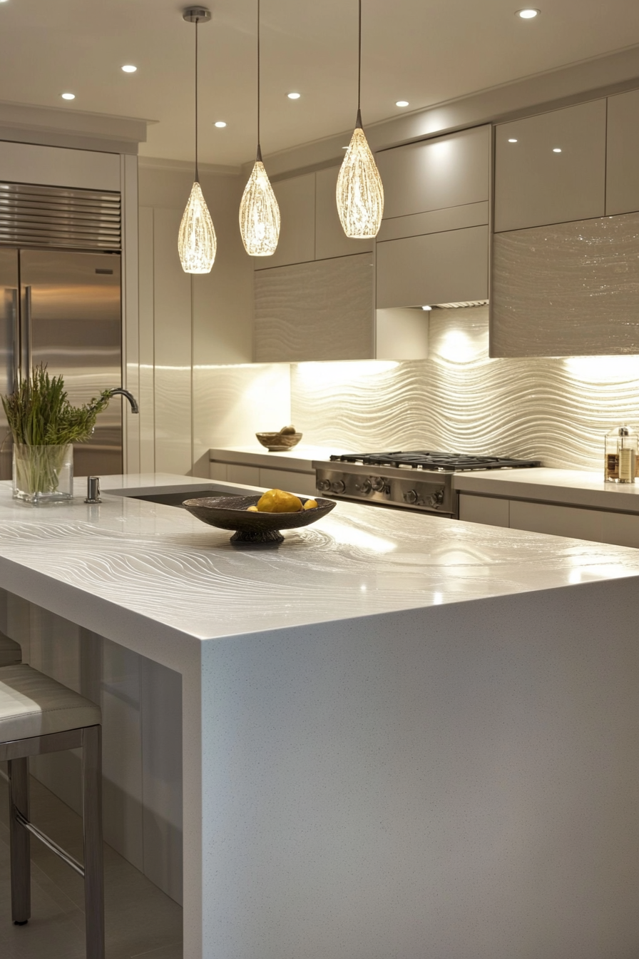 24. Shiny White with Textured Waves (White Countertop Kitchen Ideas) - White Countertop Kitchen Ideas