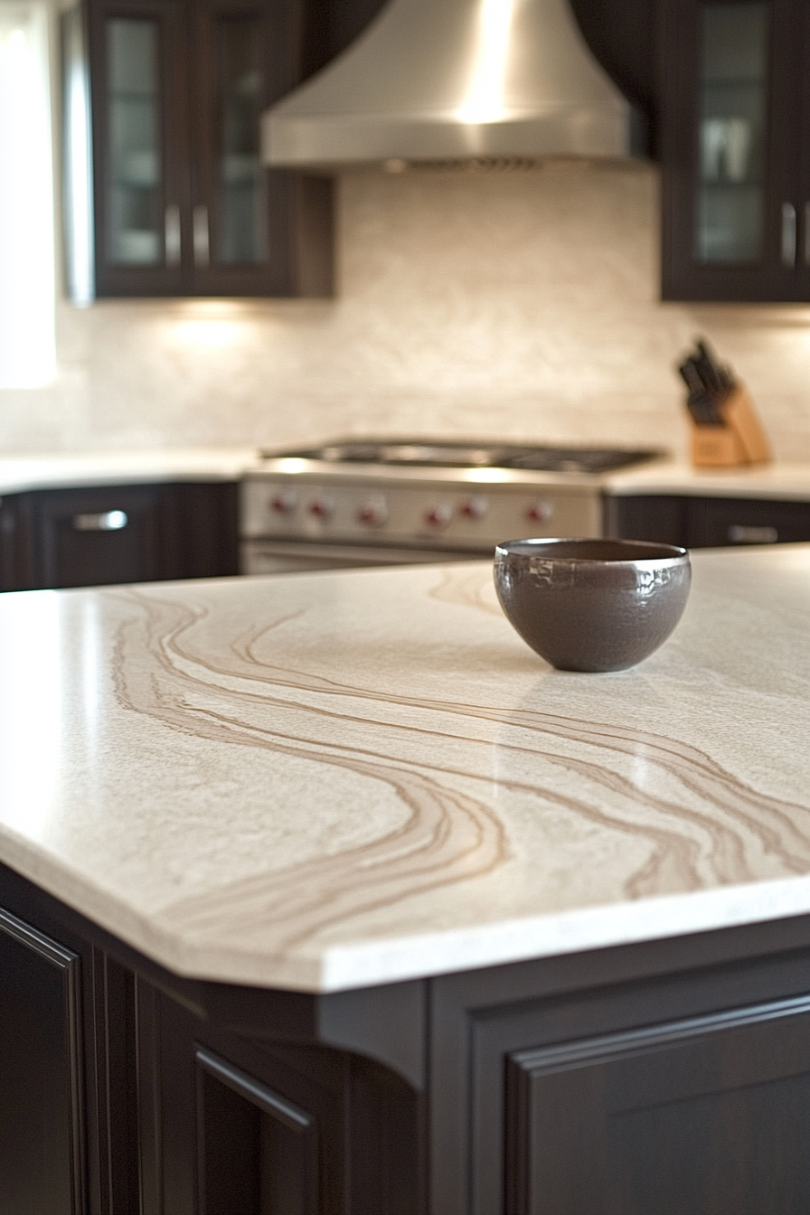 25. Warm White with Taupe Swirls (White Countertop Kitchen Ideas) - White Countertop Kitchen Ideas