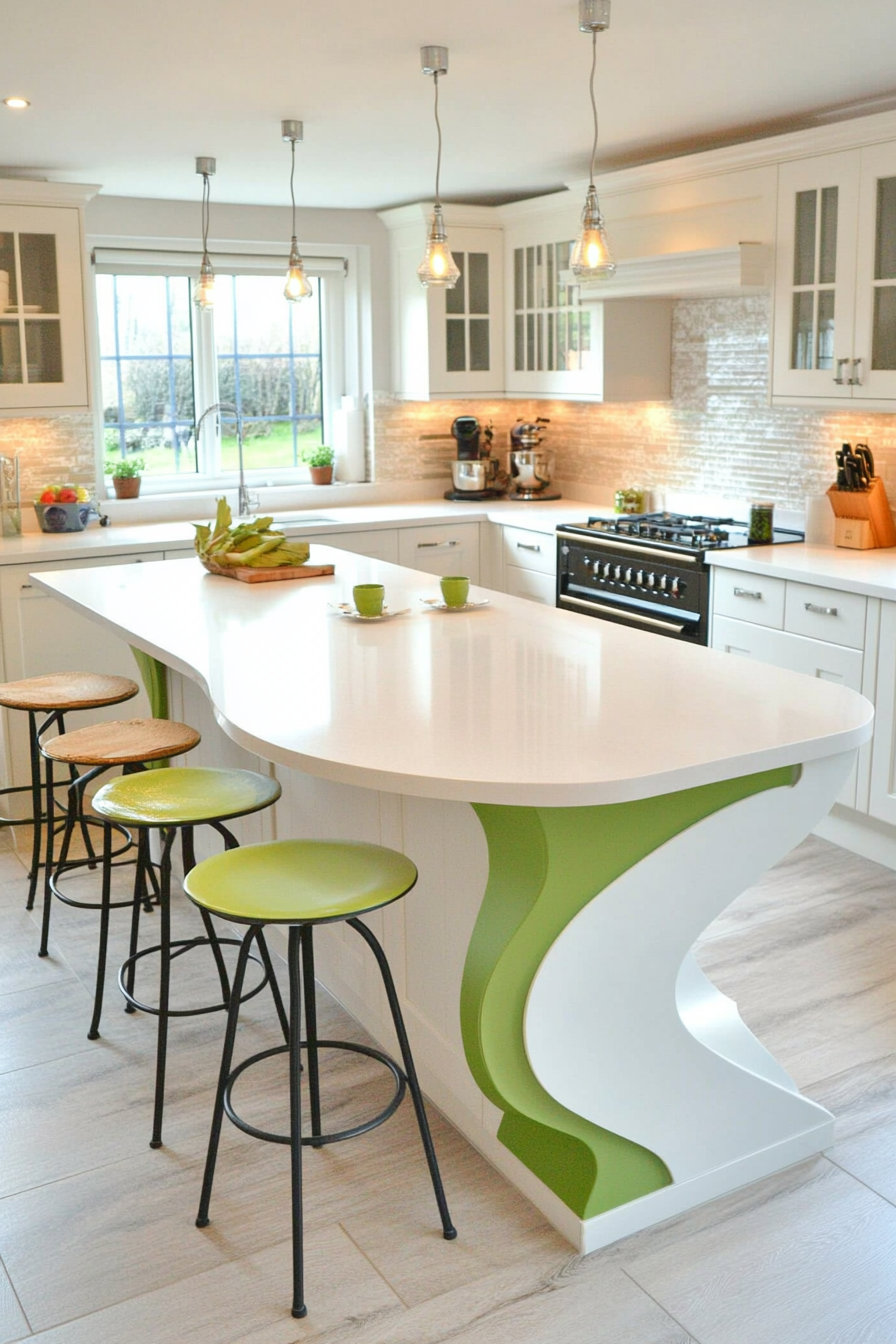 26. Matte White with Glossy Green Accents (White Countertop Kitchen Ideas) - White Countertop Kitchen Ideas