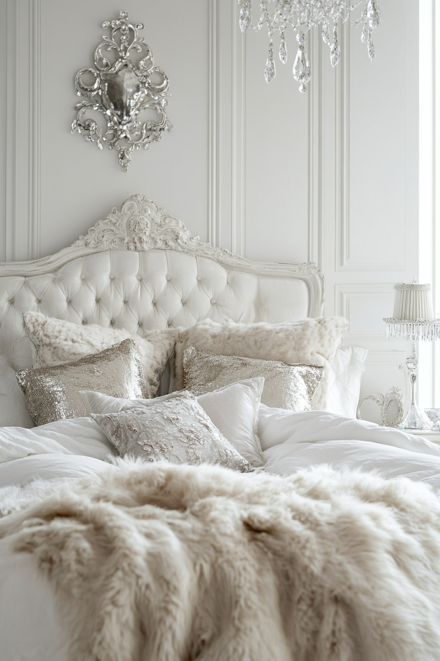 18. Glamorous Hollywood Bedroom (White Wall Bedroom Ideas) - White Wall Bedroom Ideas